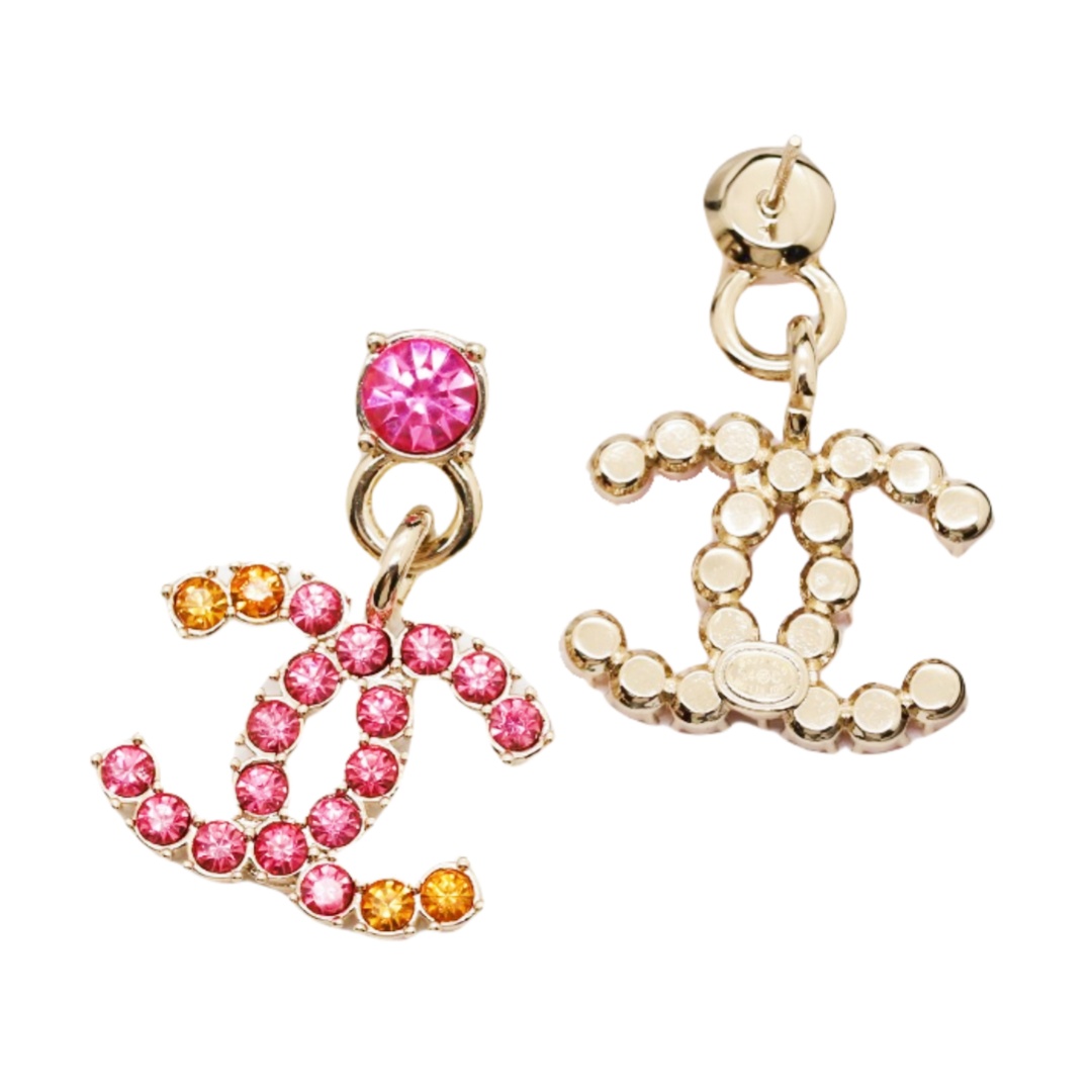 CCE450 Colored Pink crystal cc logo stud earrings - ccjewelryacc