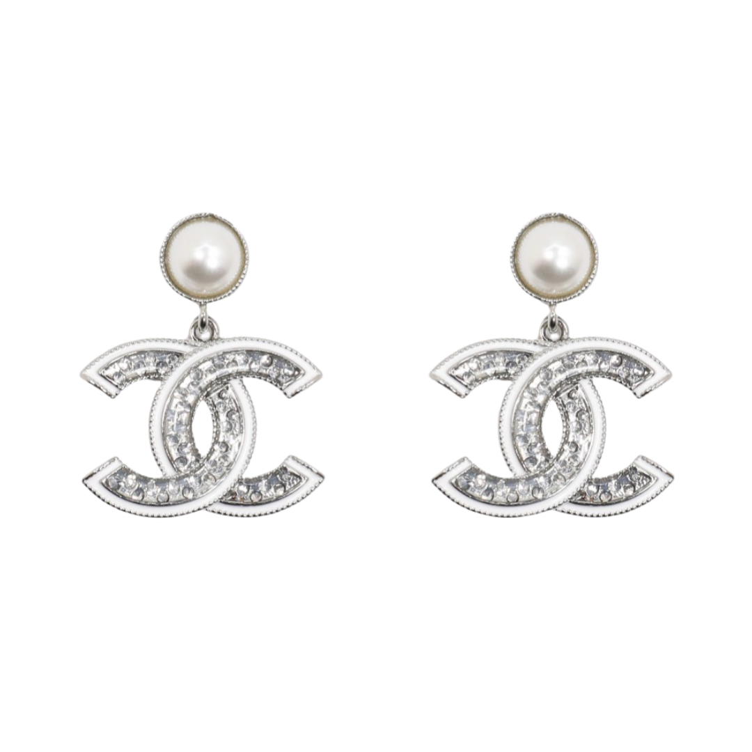 CCE122 White Gold enamel and crystal cc logo stud earrings - ccfashionjewelry