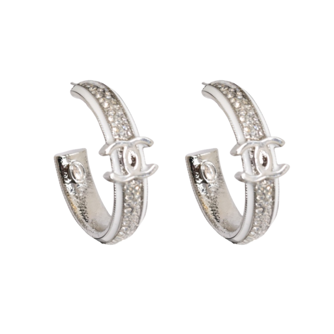 CCE130 White Gold and enamel crystal cc hoop earrings - ccjewelryacc