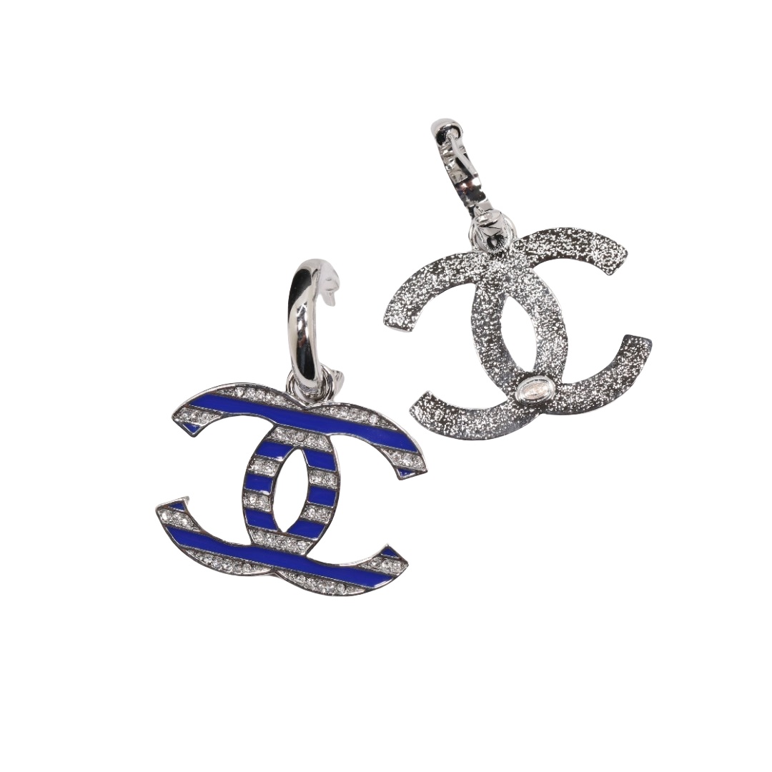 CCE151 Navy stripe crystal cc logo drop earring in silver - ccjewelryacc