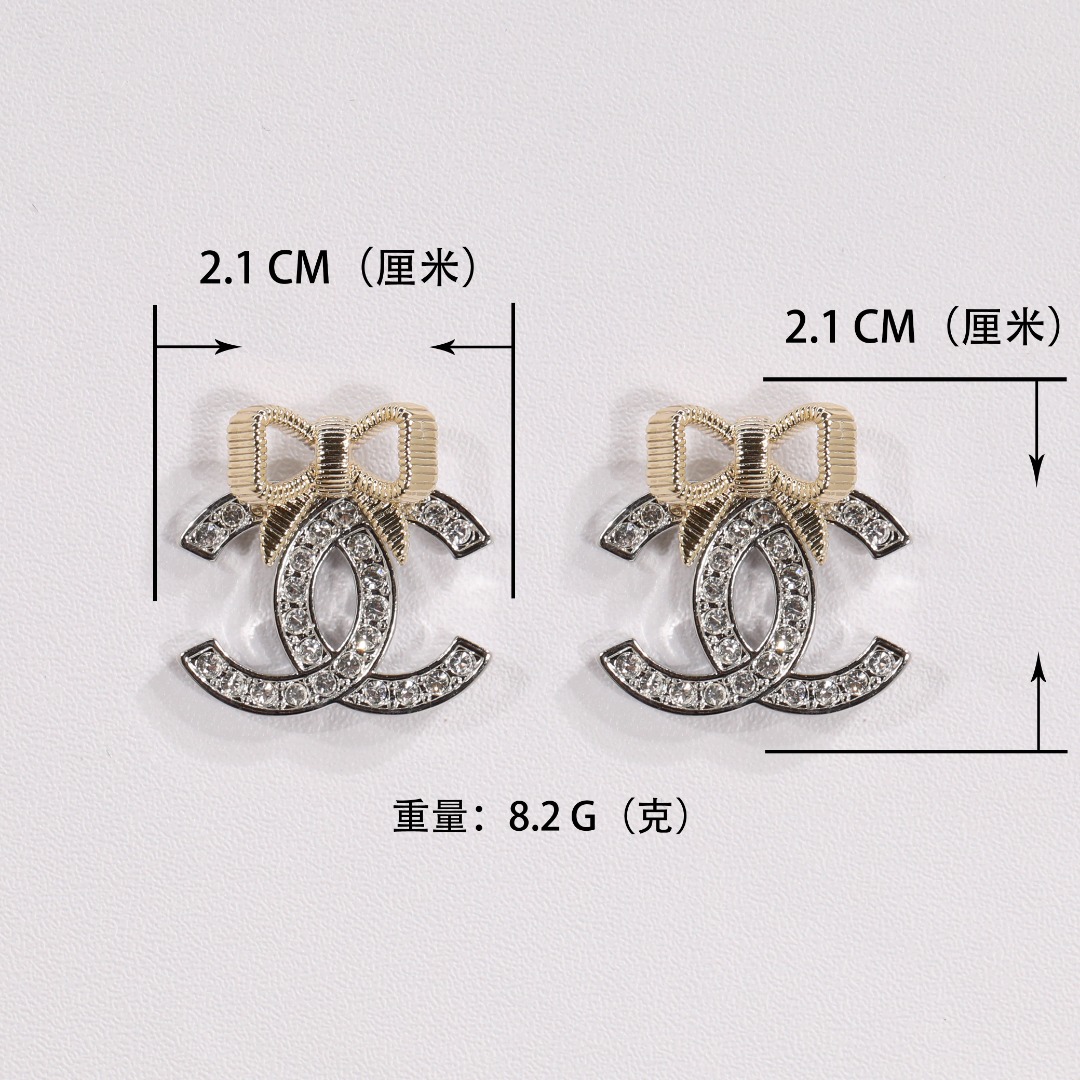 CCE885 24K Champagne gold bow with cc logo stud earring - ccjewelryacc