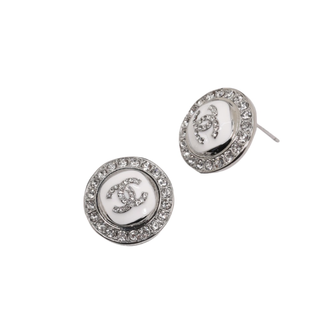CCE157 White Gold Plated enamel crystal cc logo stud earrings - ccjewelryacc