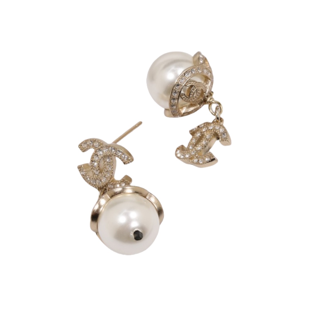 CCE166 Metal beige gold crystal pearl cc camellia drop earrings - ccjewelryacc