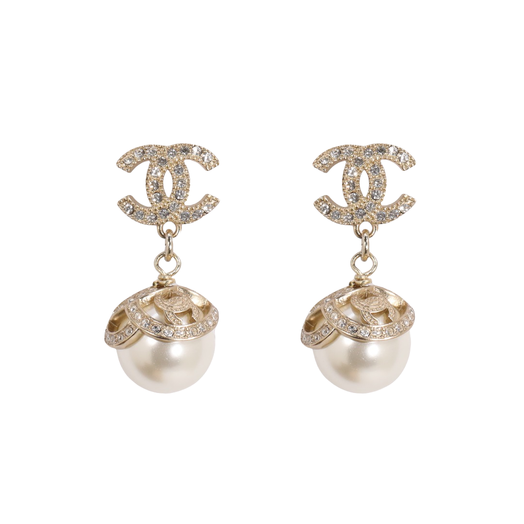 CCE166 Metal beige gold crystal pearl cc camellia drop earrings - ccfashionjewelry