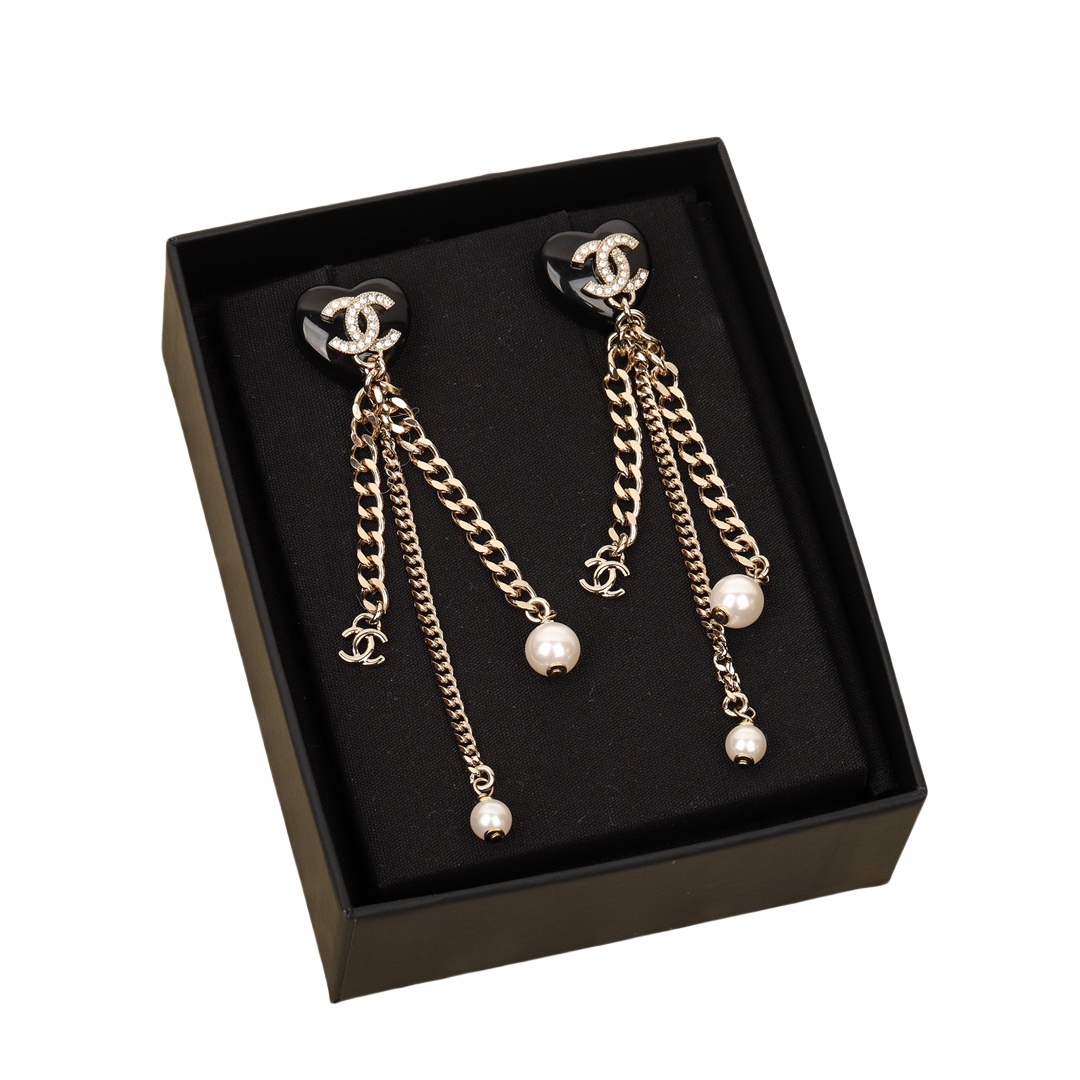 CCE579  CC Black heart chain tassels stud earrings - ccjewelryacc