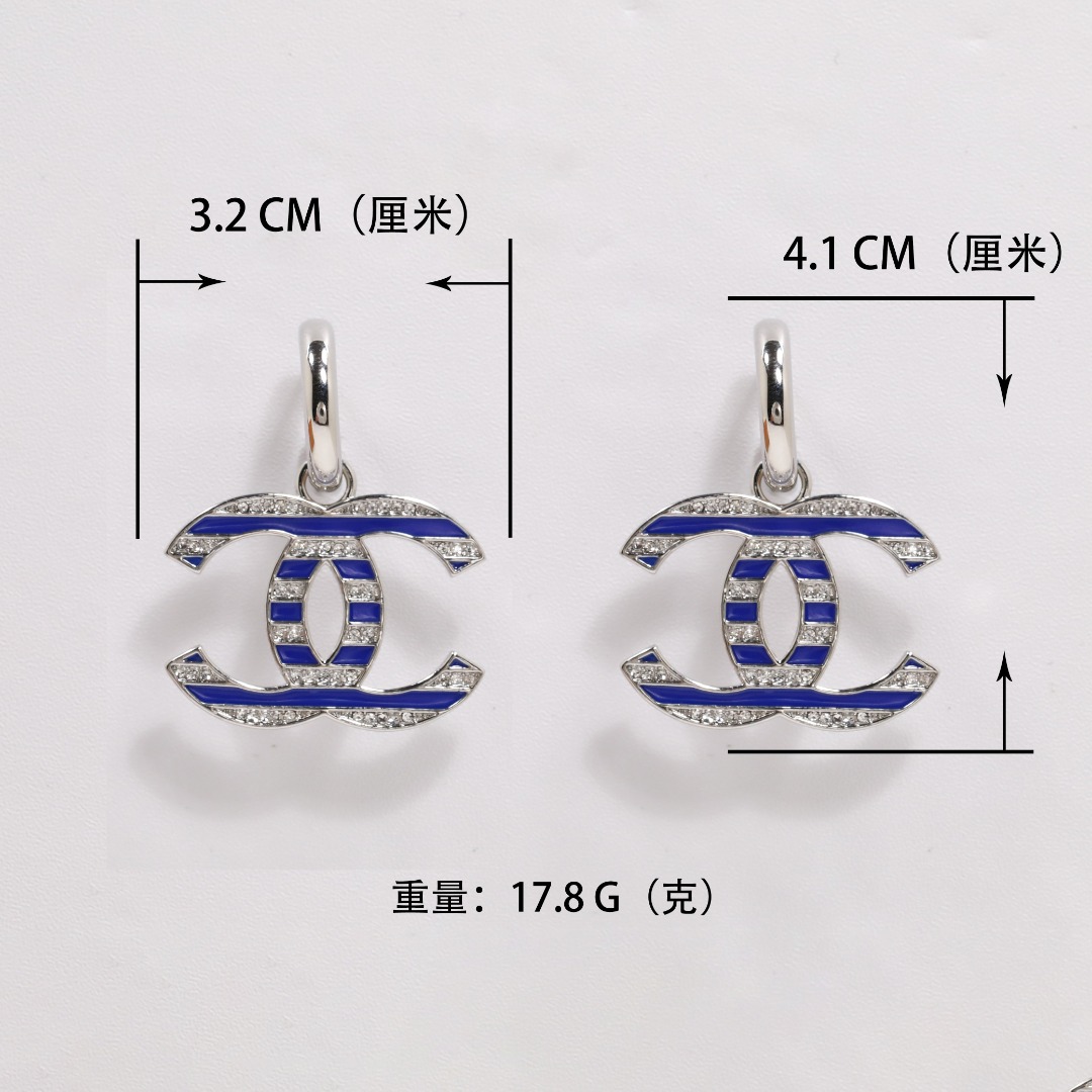 CCE151 Navy stripe crystal cc logo drop earring in silver - ccjewelryacc