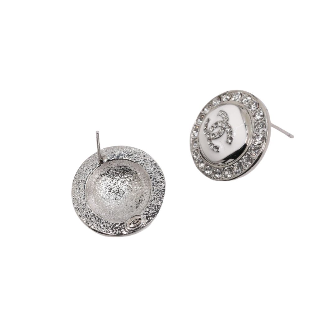 CCE157 White Gold Plated enamel crystal cc logo stud earrings - ccjewelryacc