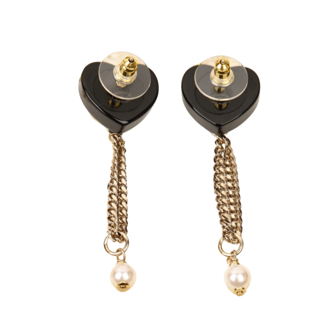 CCE579  CC Black heart chain tassels stud earrings - ccjewelryacc