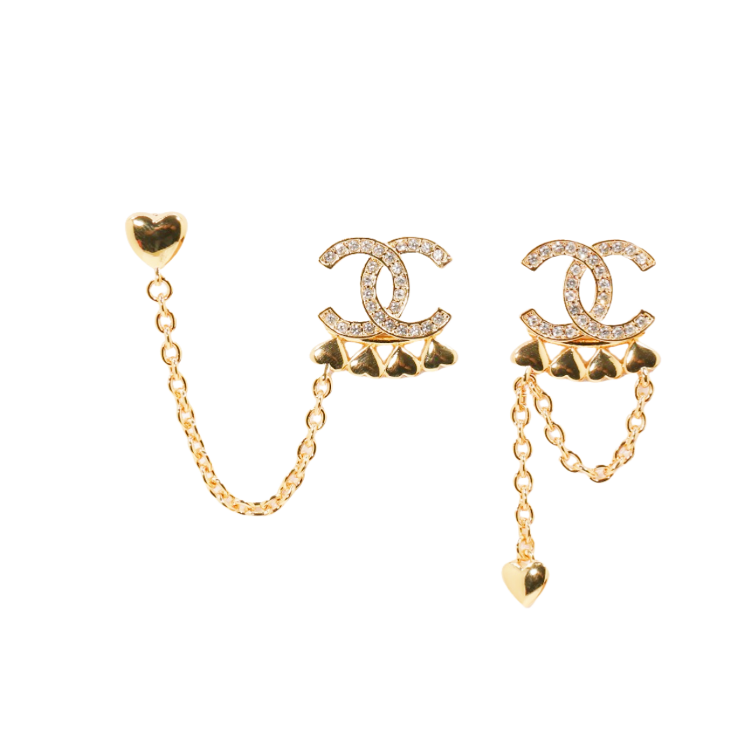 CCE154 Metal and crystal heart CC Stud earring With ear cuff - ccfashionjewelry