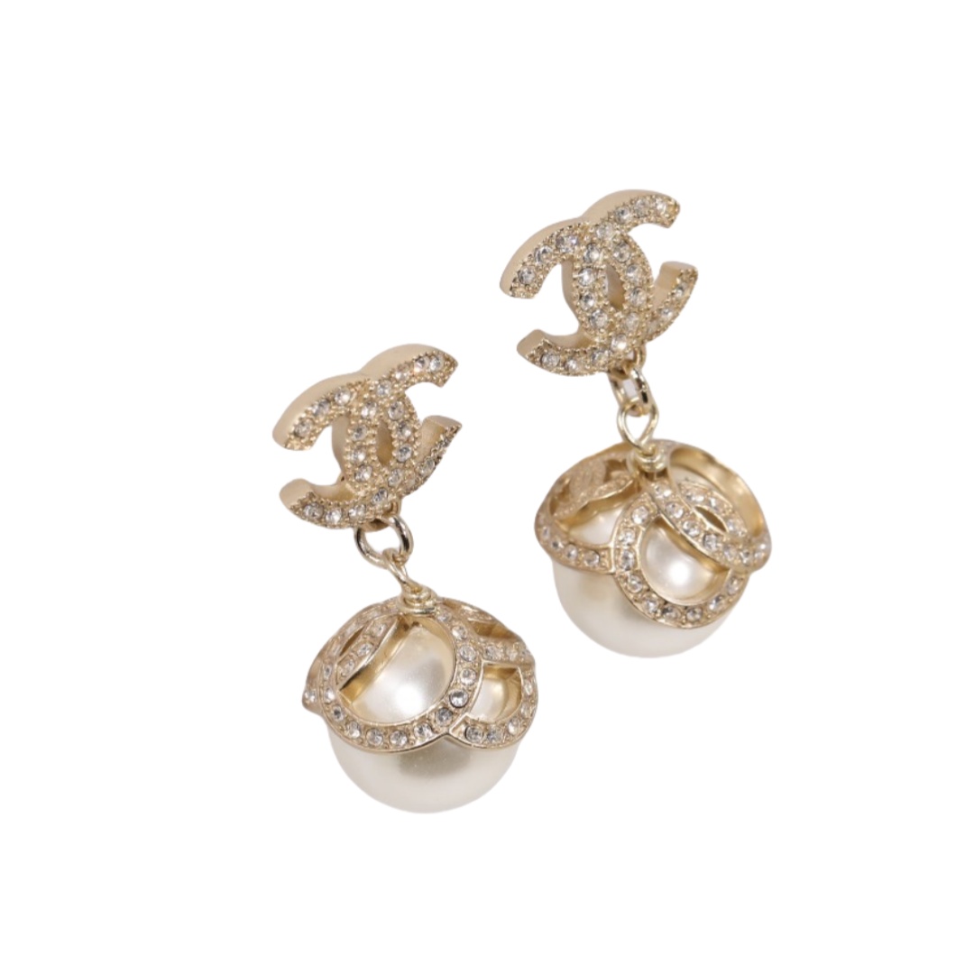 CCE166 Metal beige gold crystal pearl cc camellia drop earrings - ccjewelryacc