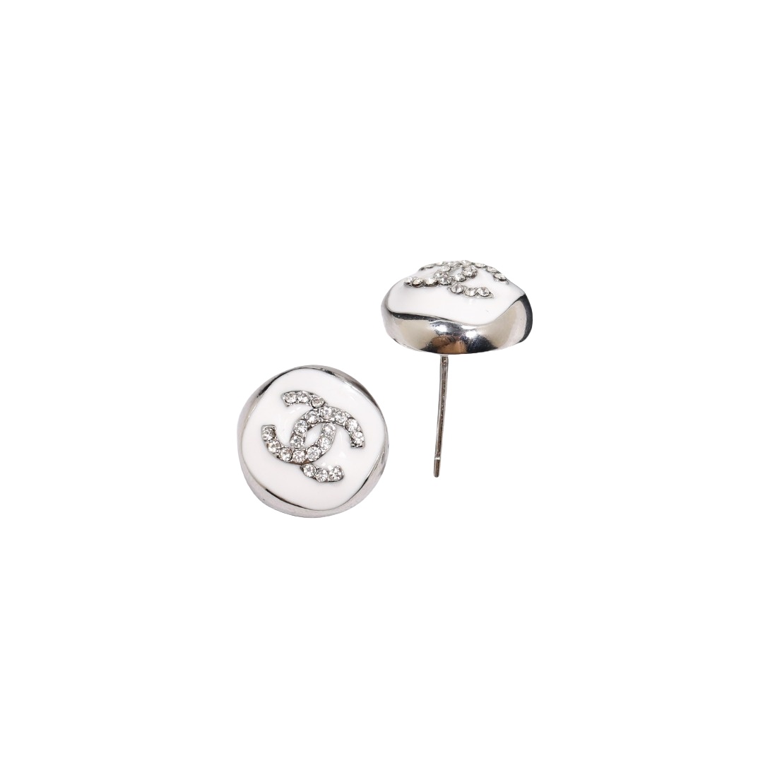 CCE157 White Gold Plated enamel crystal cc logo stud earrings - ccjewelryacc