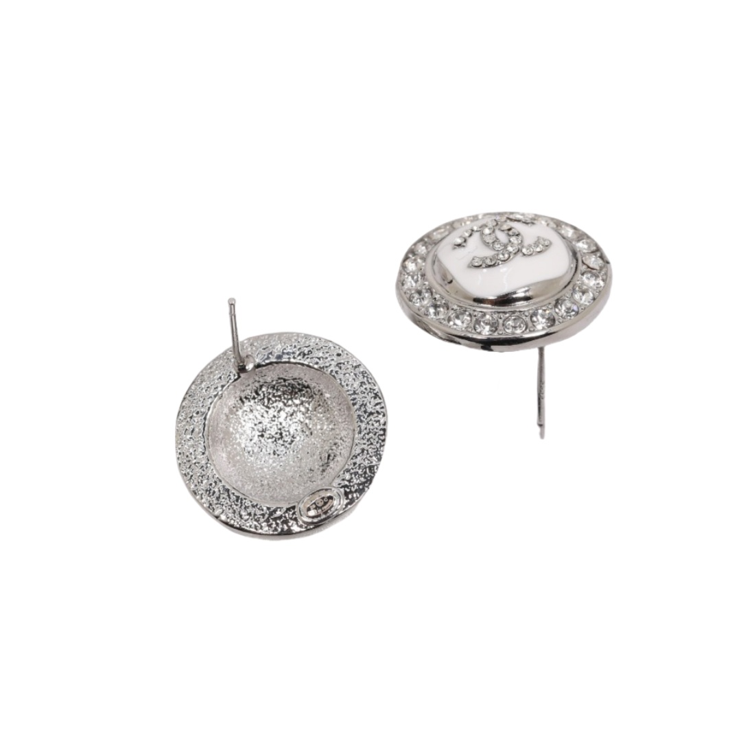 CCE157 White Gold Plated enamel crystal cc logo stud earrings - ccjewelryacc