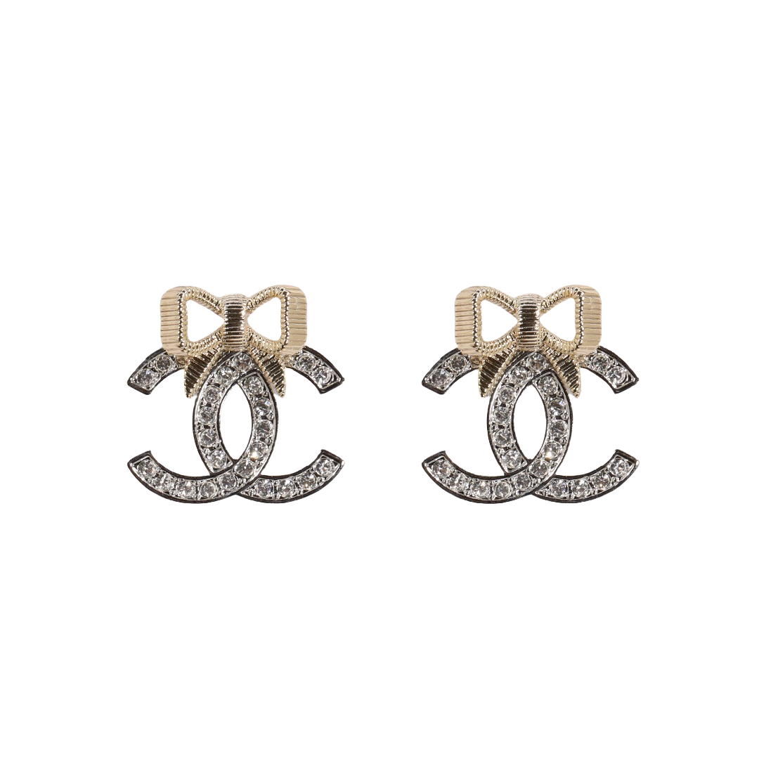 CCE885 24K Champagne gold bow with cc logo stud earring - ccfashionjewelry