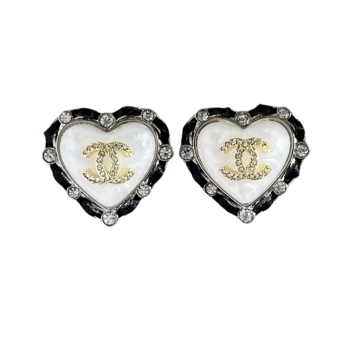CCE712 Metal leather pearl heart stud earrings with crystal cc logo - ccfashionjewelry