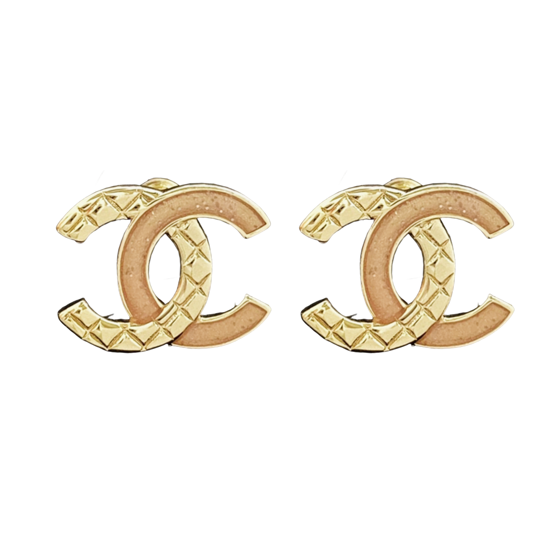 CCE719 Diamond cross pattern and pink enamel CC Logo stud earrings - ccfashionjewelry