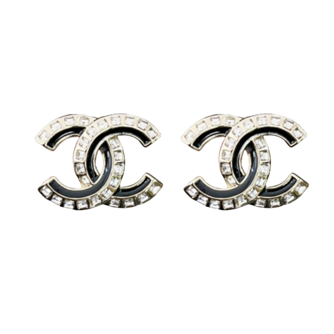 CCE181 Metal crystal Pink & Black enamel CC logo stud earring - ccjewelryacc