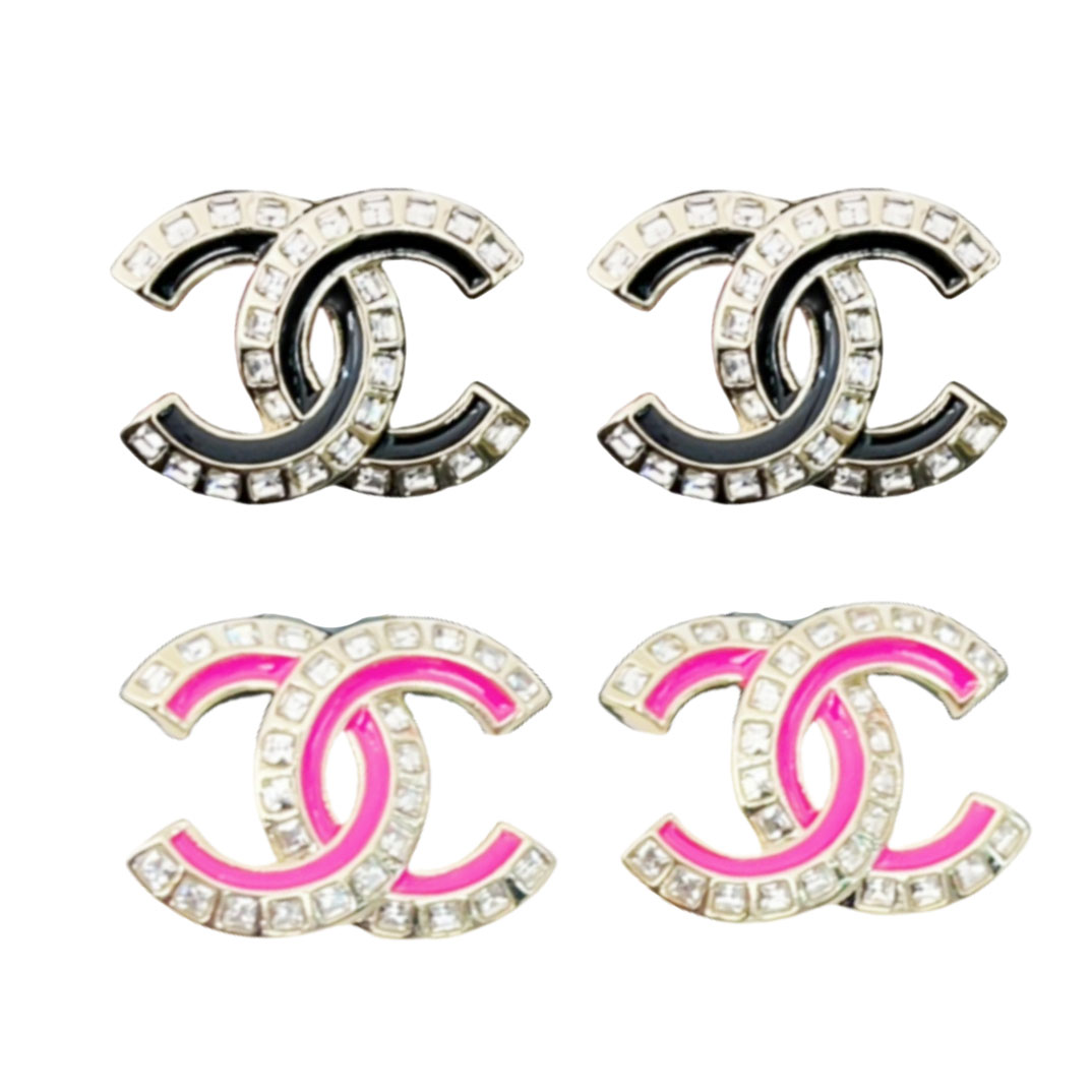 CCE181 Metal crystal Pink & Black enamel CC logo stud earring - ccjewelryacc