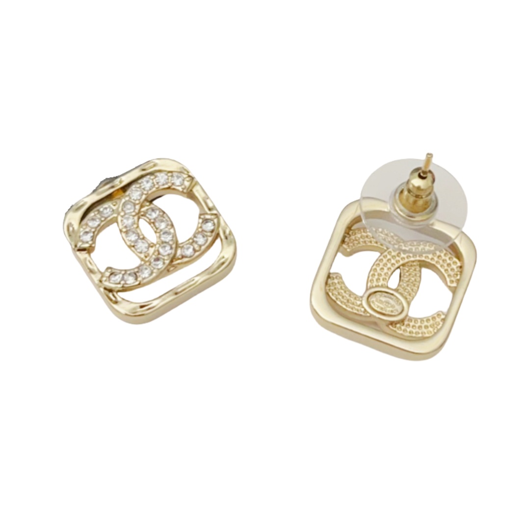 CCE189 Metal Gold square crystal CC logo stud earring - ccfashionjewelry