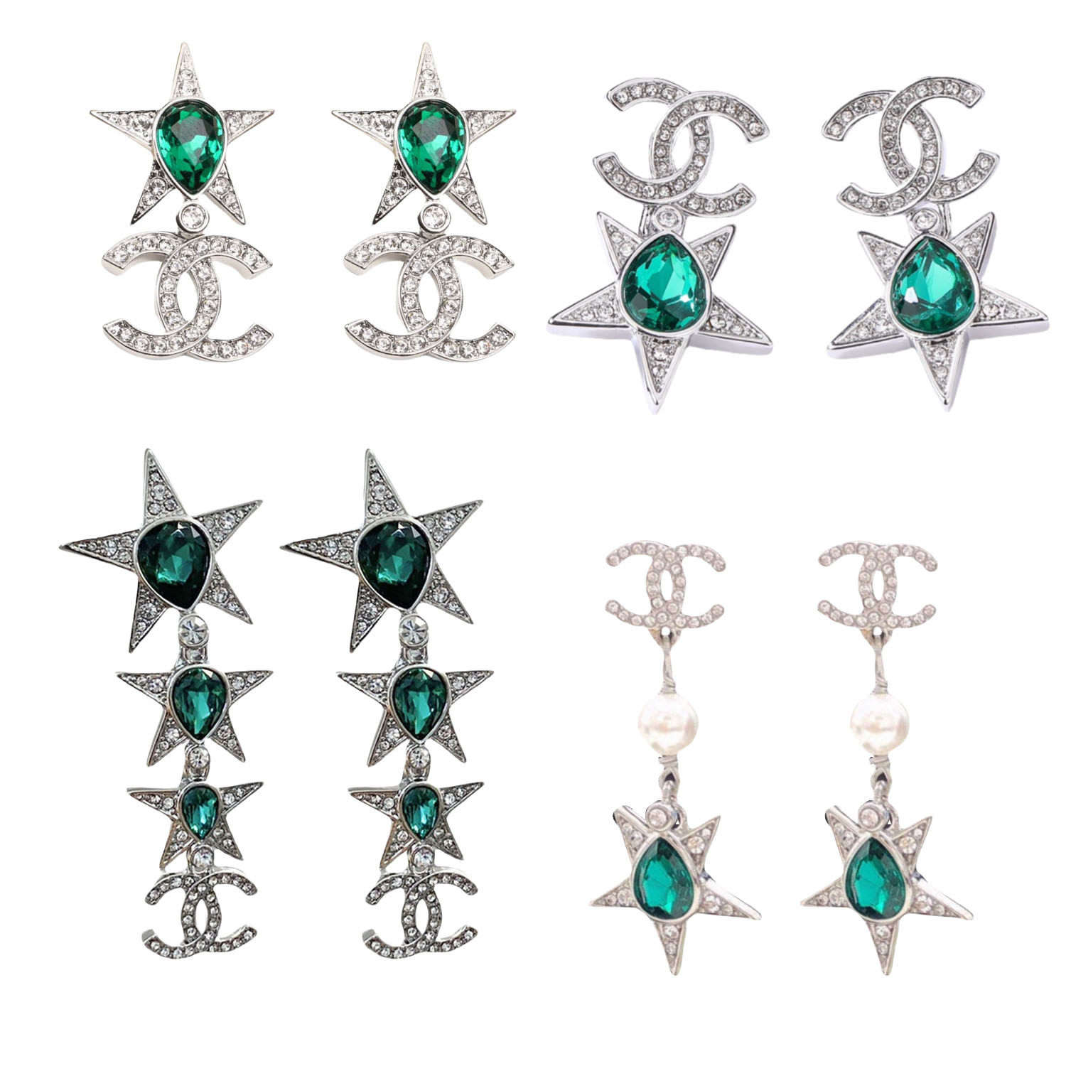 CCE830 Green gemstone star CC logo earrings - ccjewelryacc