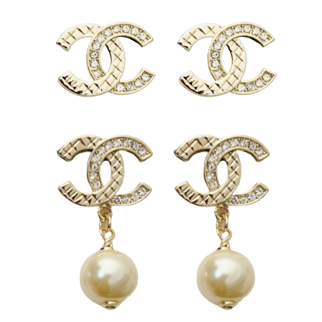 CCE118 Quilted and crystal CC logo drop pearl earring - ccjewelryacc