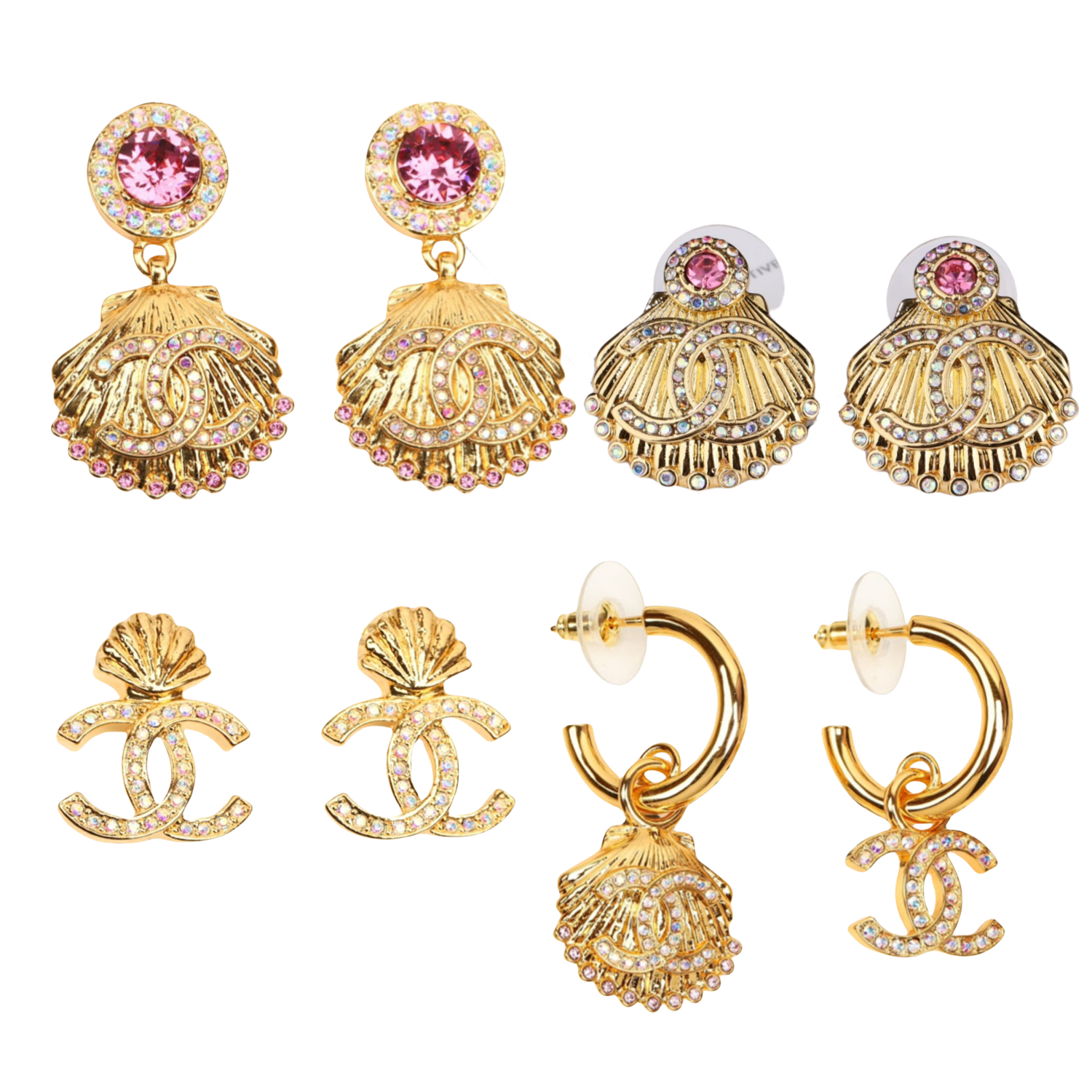 CCE114 Metal gold conch and CC logo earrings with color crystal - ccfashionjewelry