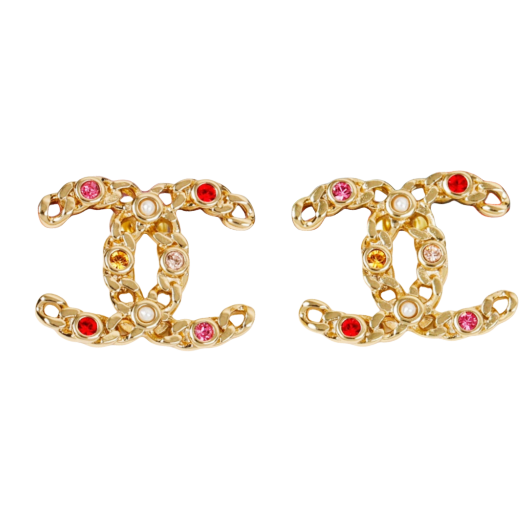 CCE567 Metal chain with multicolor crystal pearl cc logo stud earrings - ccfashionjewelry