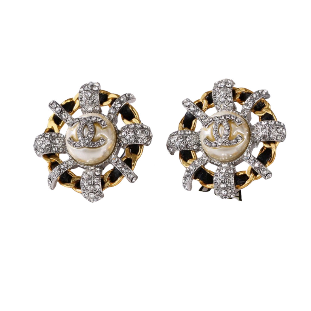 CCE184 Metal leather crystal cc stud earrings - ccjewelryacc
