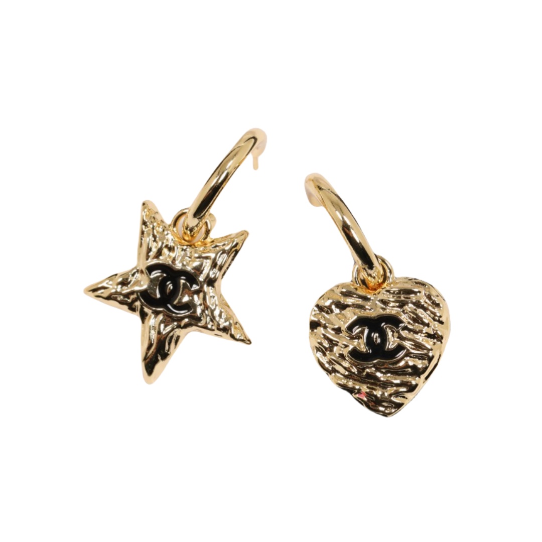 CCE569 Vintage Lava asymmetrical heart star black enamel double C pendant earrings - ccfashionjewelry