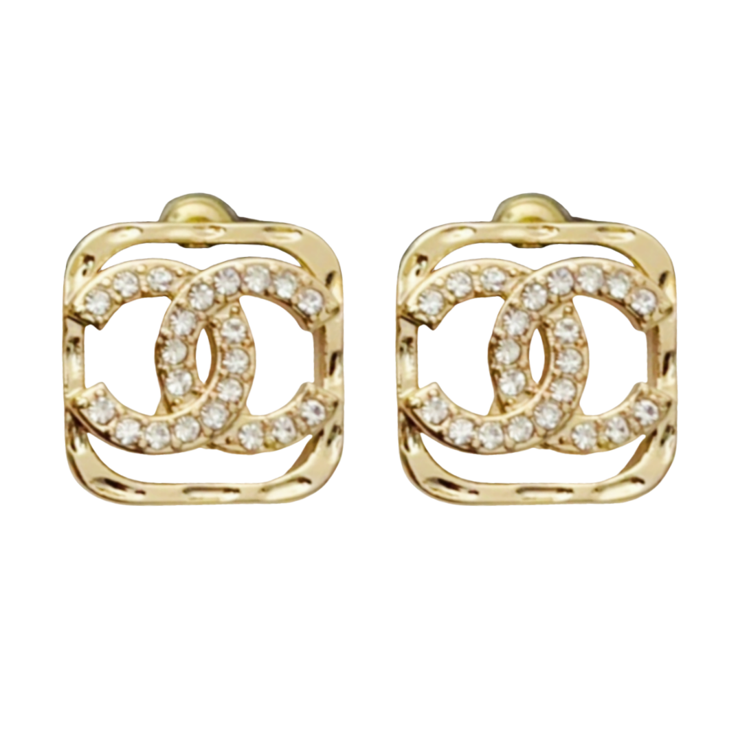 CCE189 Metal Gold square crystal CC logo stud earring - ccfashionjewelry