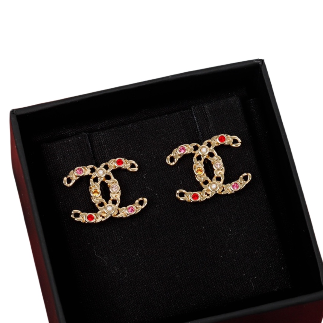 CCE567 Metal chain with multicolor crystal pearl cc logo stud earrings - ccfashionjewelry