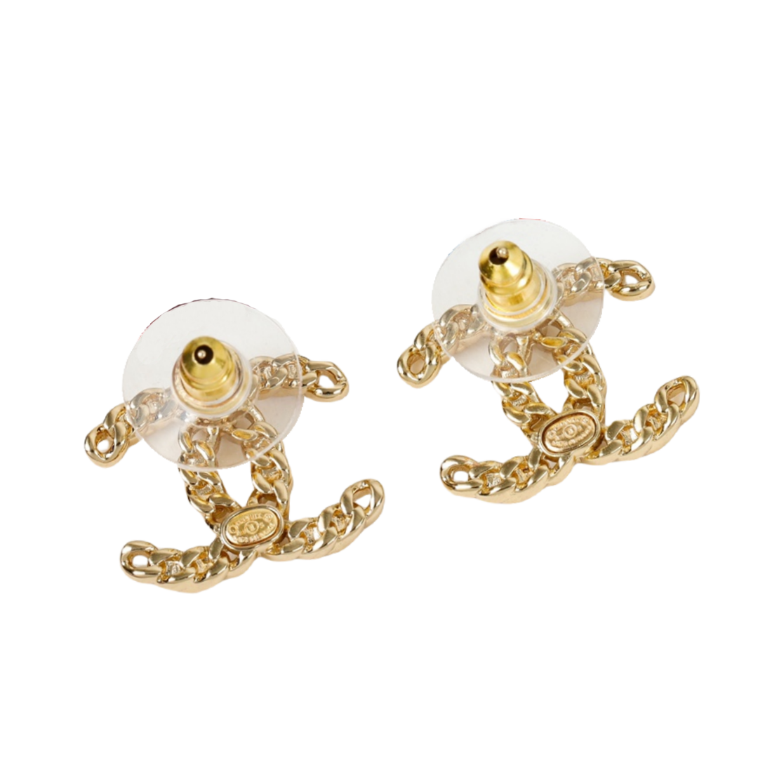 CCE567 Metal chain with multicolor crystal pearl cc logo stud earrings - ccjewelryacc