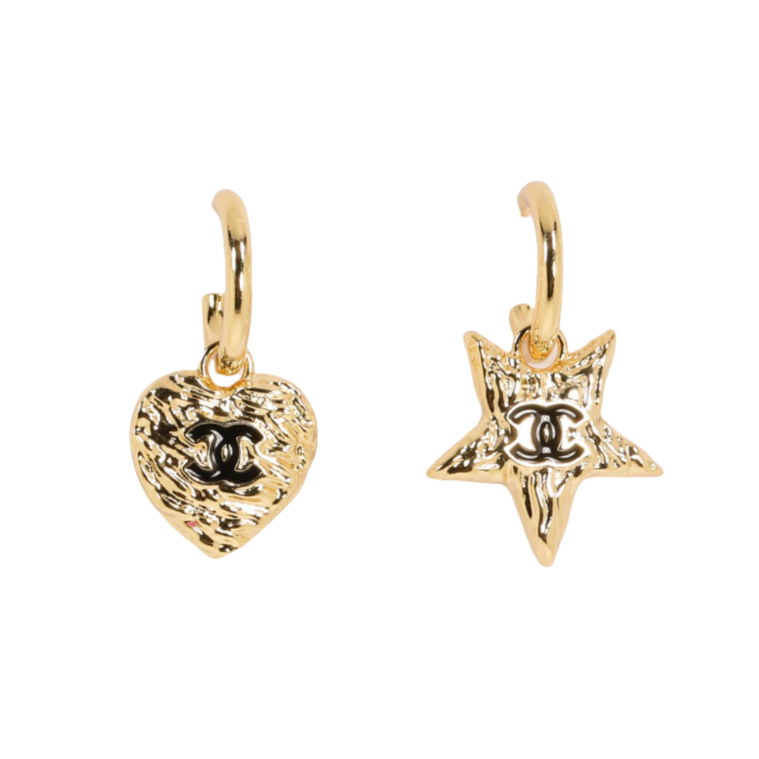 CCE569 Vintage Lava asymmetrical heart star black enamel double C pendant earrings - ccfashionjewelry