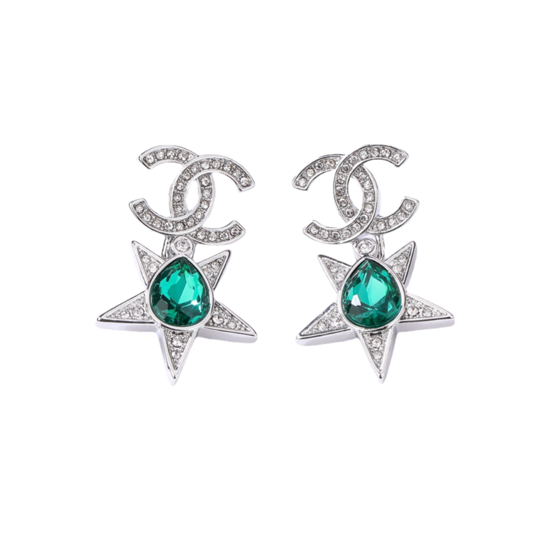 CCE830 Green gemstone star CC logo earrings - ccjewelryacc