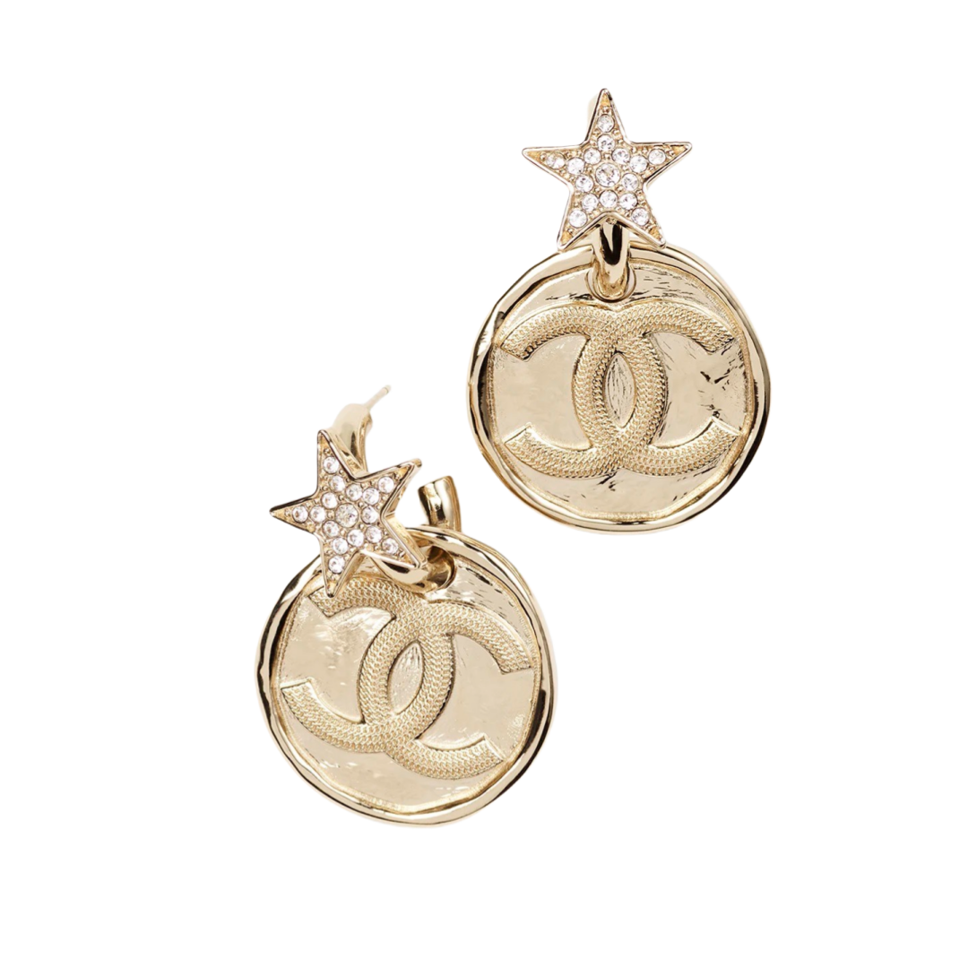 CCE413 Metal gold coin Star with cc logo stud earrings - ccjewelryacc