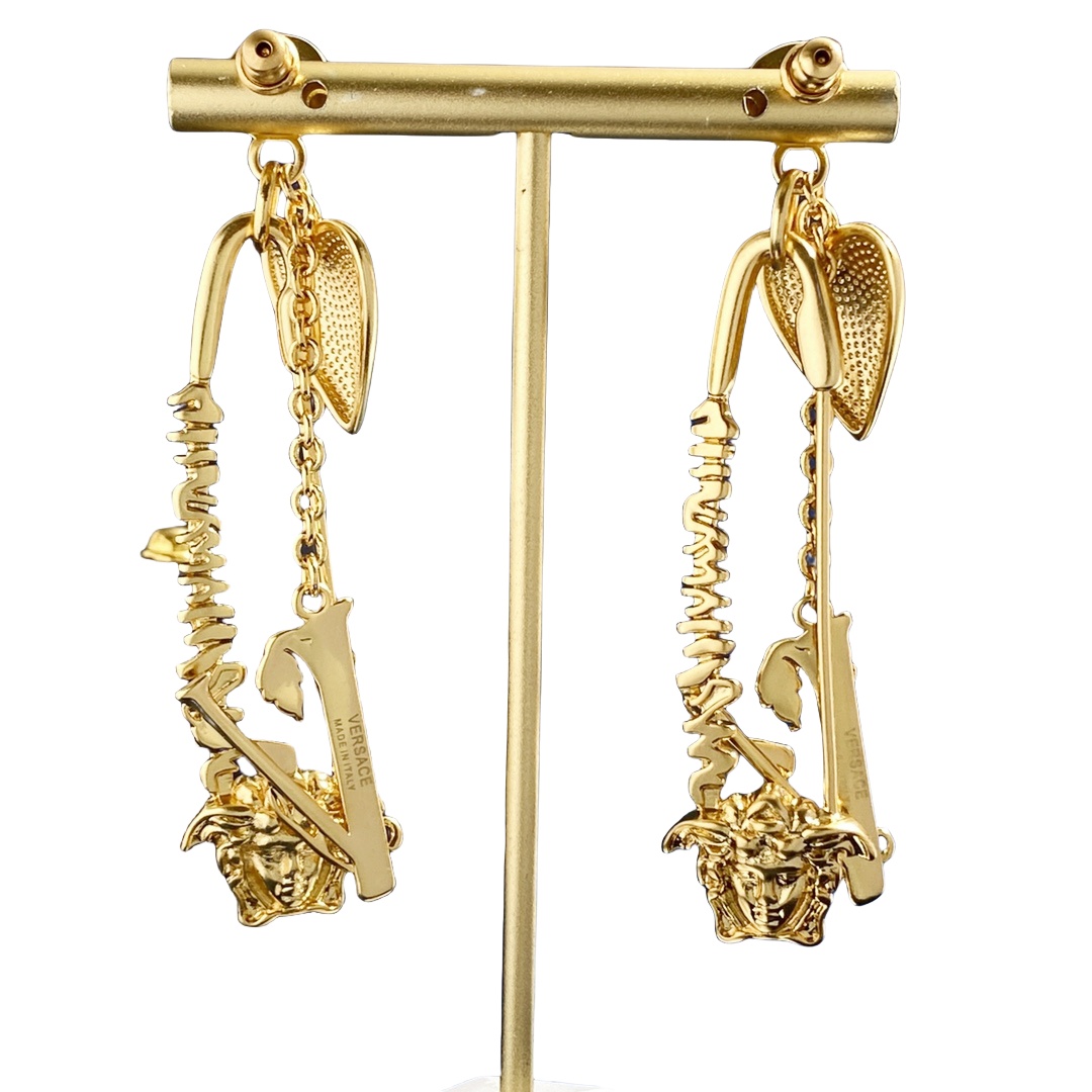 VSE048 Versace medusa virtus heart charm safety pin earrings - ccjewelryacc