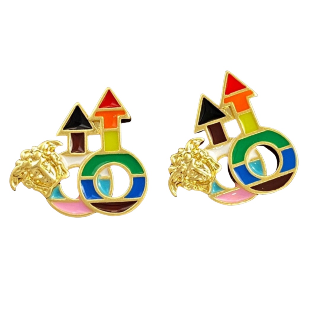 VSE057 Vintage metal rainbow enamel medusa stud earrings - ccfashionjewelry