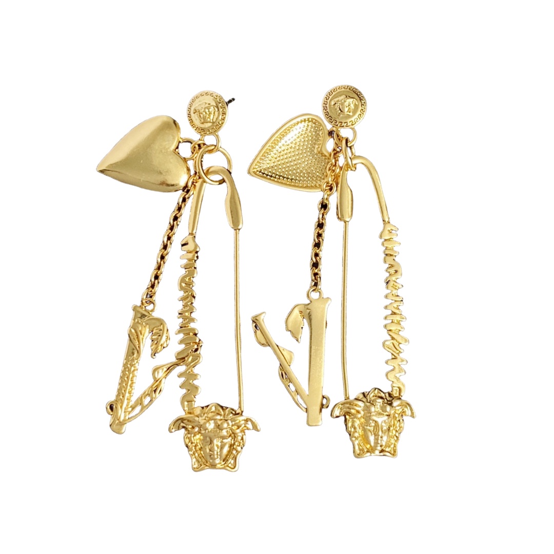VSE048 Versace medusa virtus heart charm safety pin earrings - ccfashionjewelry