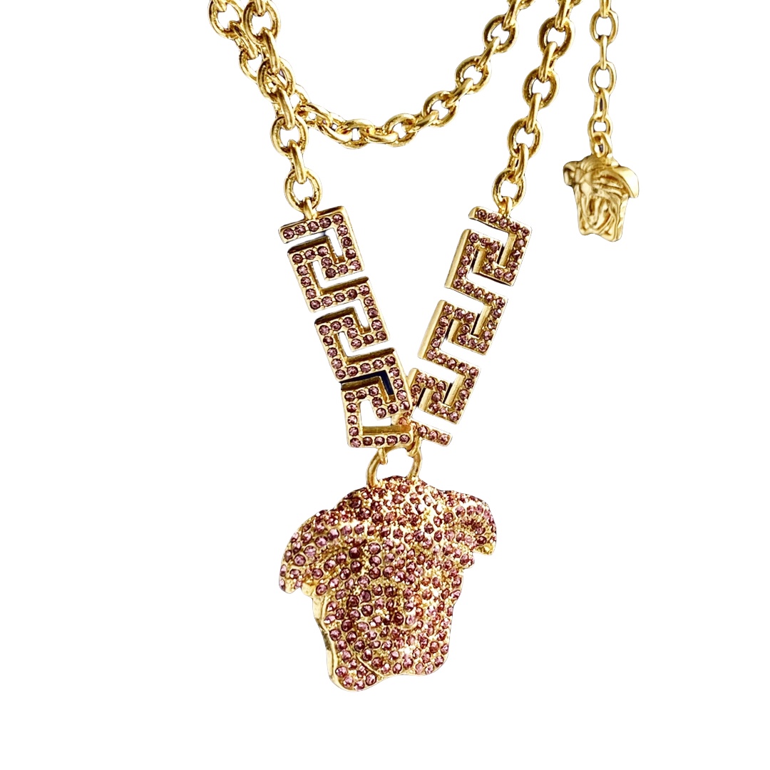 VSN013 Versace medusa pendant necklace in metal and pink crystal - ccfashionjewelry