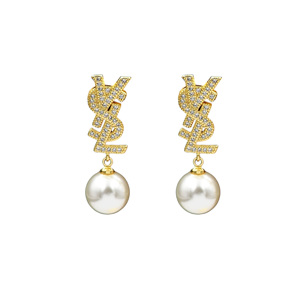 YYE083 Metal Crystal ysl with pearl drop earrings - ccjewelryacc