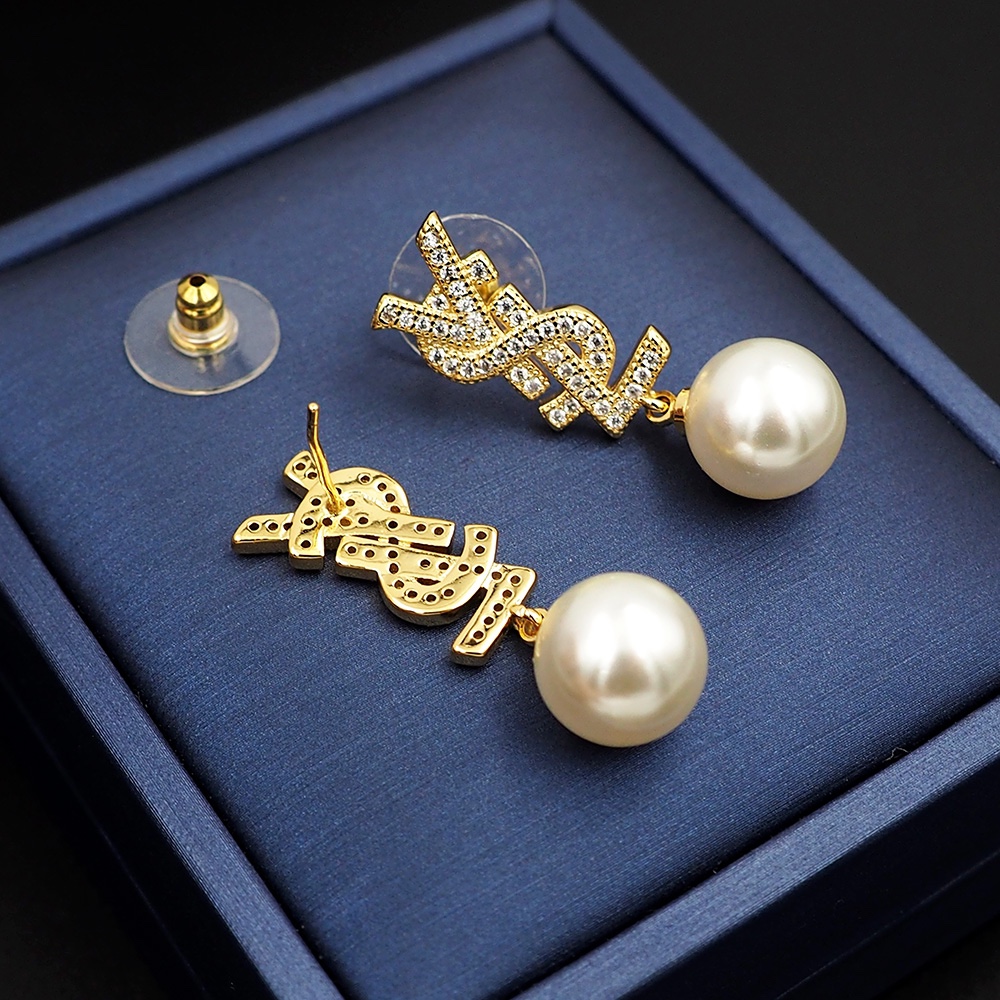YYE083 Metal Crystal ysl with pearl drop earrings - ccjewelryacc