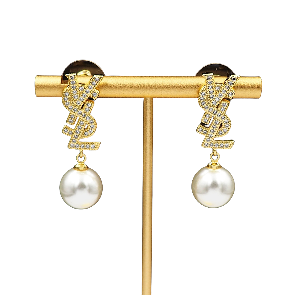 YYE083 Metal Crystal ysl with pearl drop earrings - ccjewelryacc