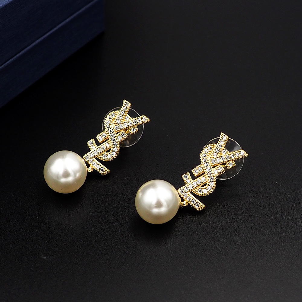 YYE083 Metal Crystal ysl with pearl drop earrings - ccjewelryacc