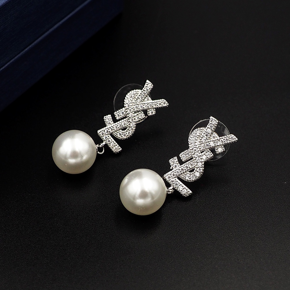 YYE083 Metal Crystal ysl with pearl drop earrings - ccjewelryacc