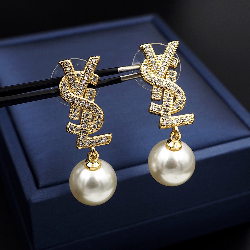 YYE083 Metal Crystal ysl with pearl drop earrings - ccjewelryacc
