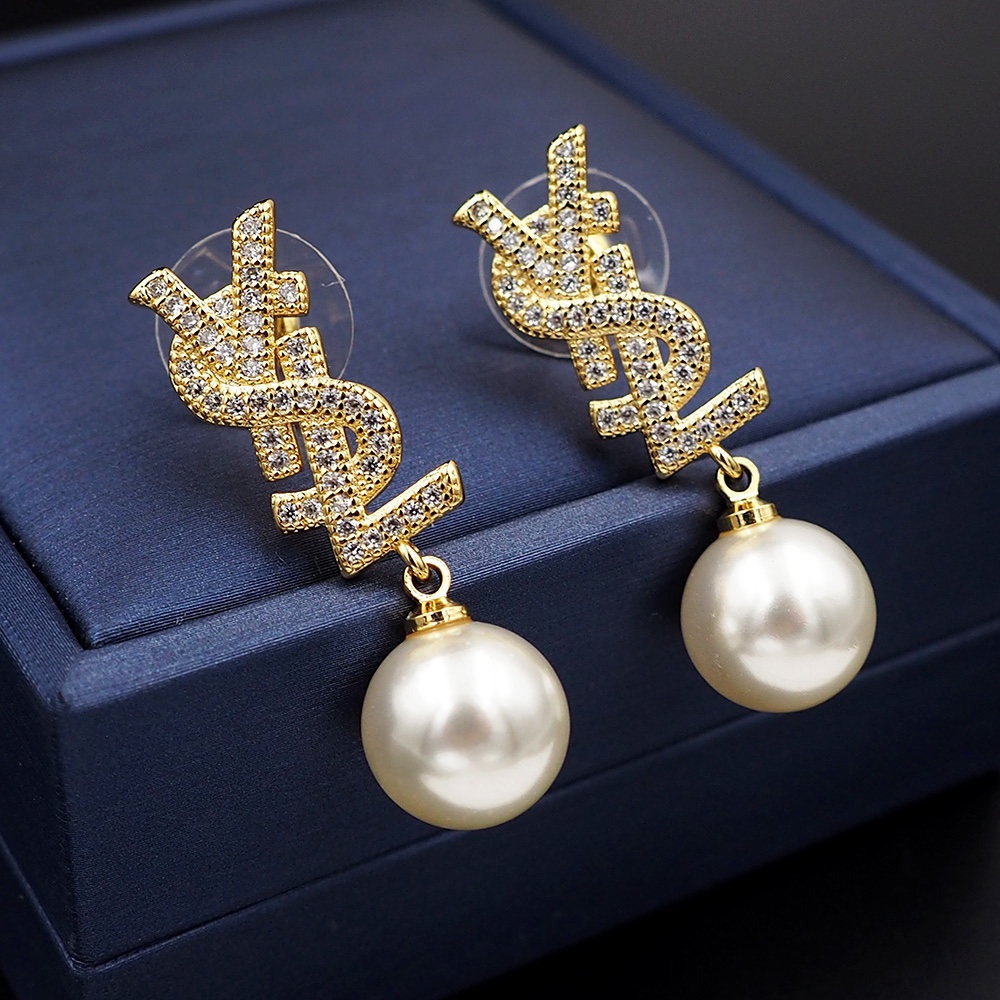 YYE083 Metal Crystal ysl with pearl drop earrings - ccjewelryacc