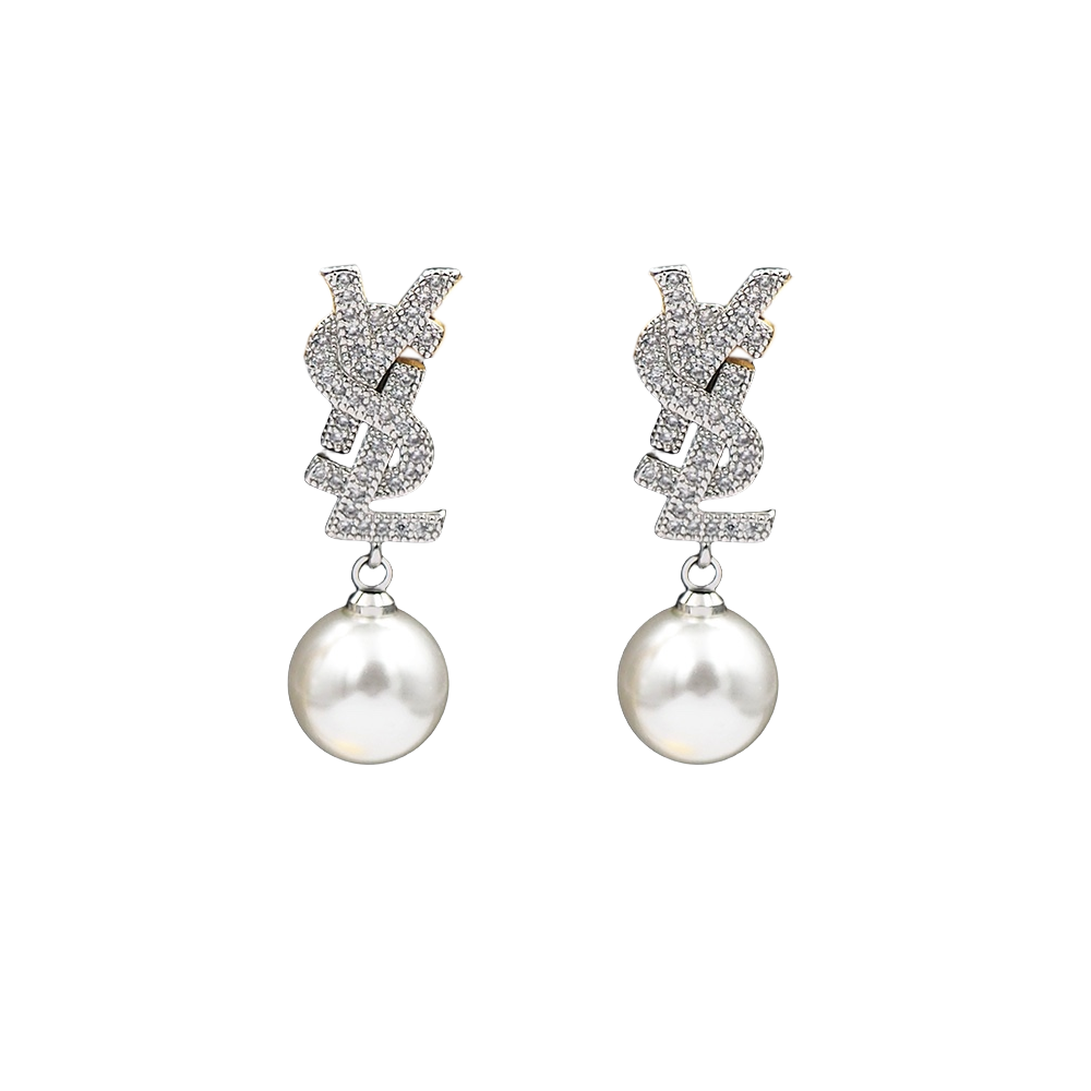 YYE083 Metal Crystal ysl with pearl drop earrings - ccjewelryacc
