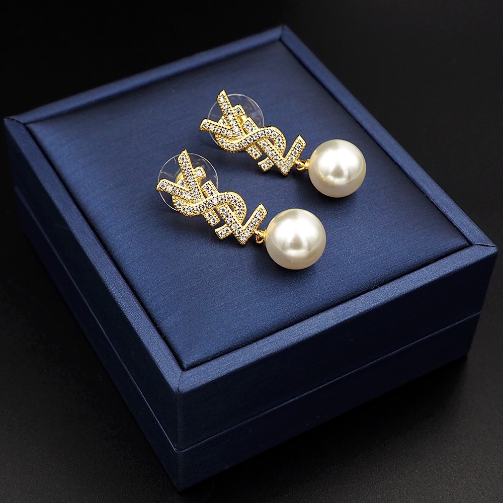 YYE083 Metal Crystal ysl with pearl drop earrings - ccjewelryacc