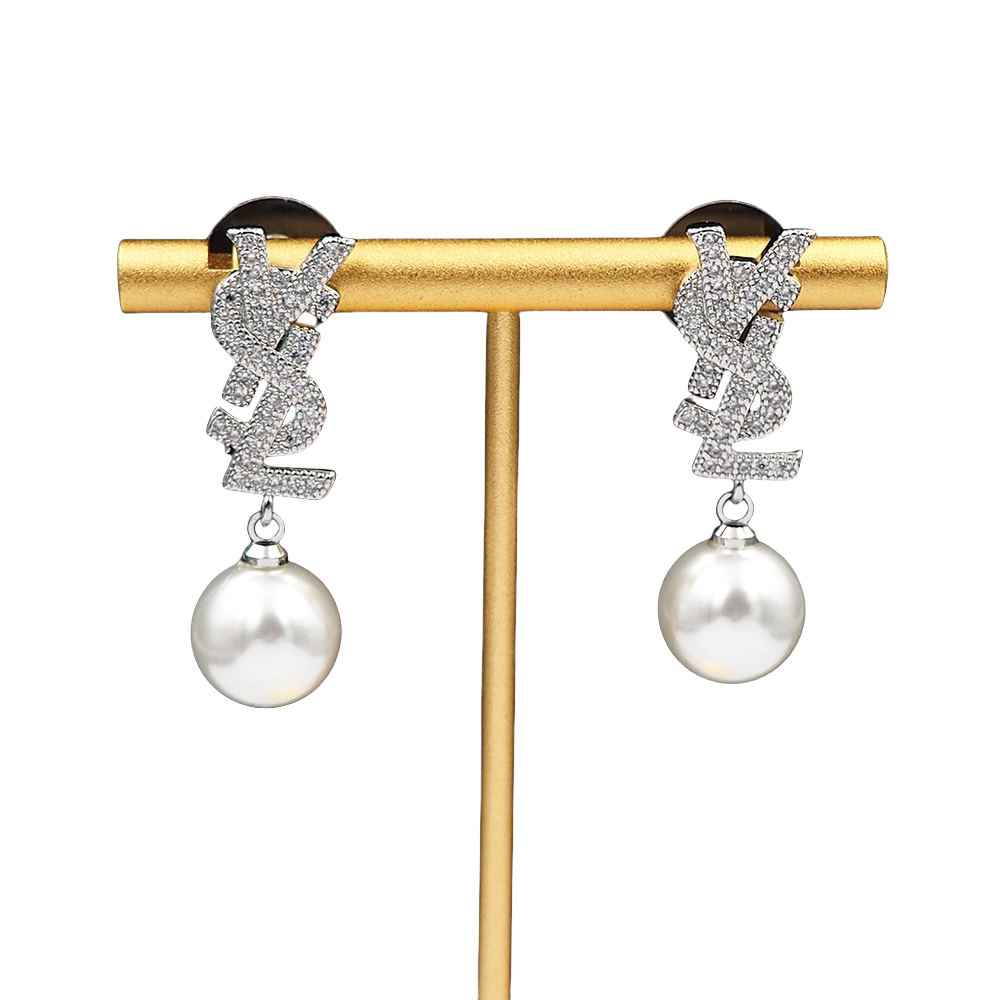 YYE083 Metal Crystal ysl with pearl drop earrings - ccjewelryacc