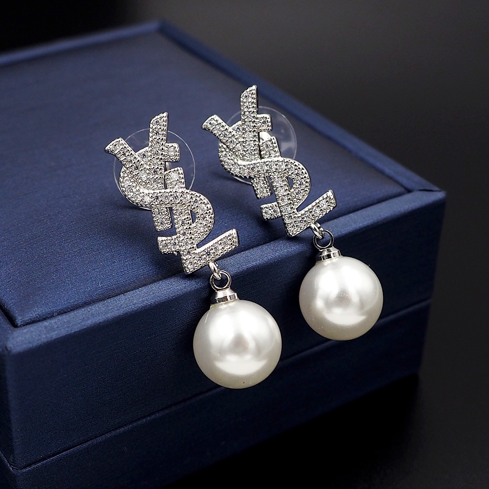 YYE083 Metal Crystal ysl with pearl drop earrings - ccjewelryacc
