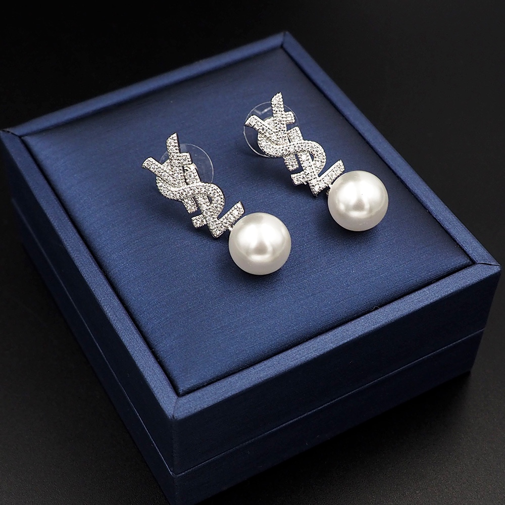 YYE083 Metal Crystal ysl with pearl drop earrings - ccjewelryacc
